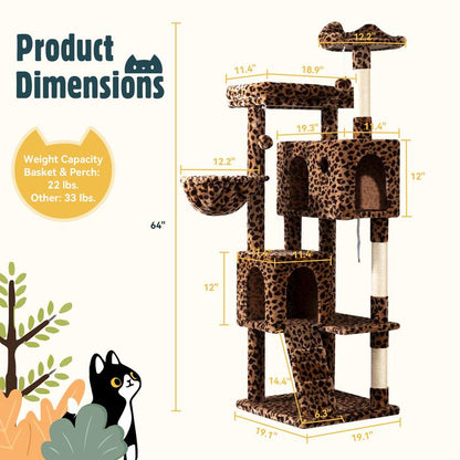HOOMIC 64-Inch Large Cat Tree – Multi-Level Cat Tower with Durable Activity Center for Indoor Cats,Beige/Dark Grey/Grey/Pink/Leopard Print & Spot Patterns