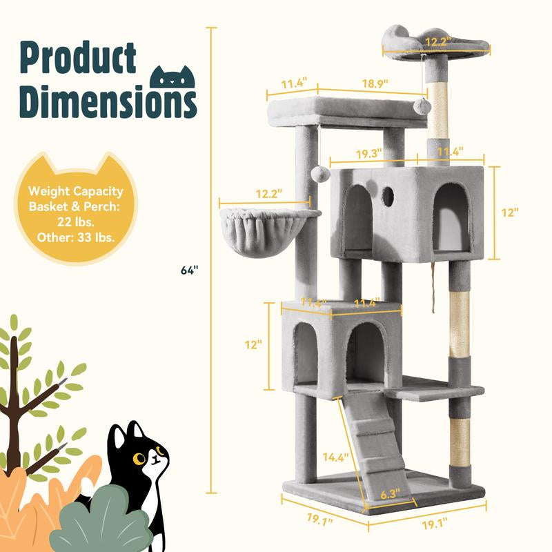 HOOMIC 64-Inch Large Cat Tree – Multi-Level Cat Tower with Durable Activity Center for Indoor Cats,Beige/Dark Grey/Grey/Pink/Leopard Print & Spot Patterns