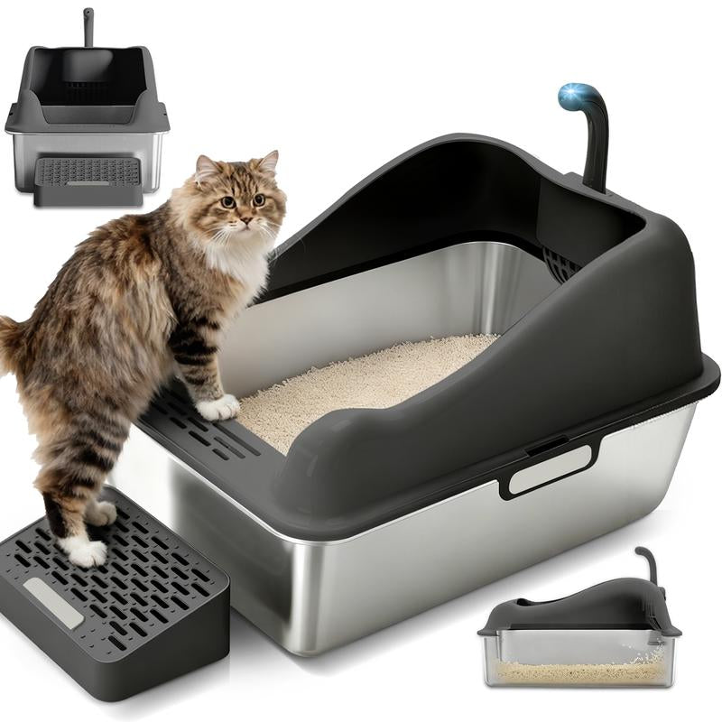 Gtplayer Stainless Steel Cat Litter Box with Lid, XL Extra Large Litter Box for Big Cats, High Sided Kitty Metal Pan with Pedal Filter and Scoop, Non-Sticky&Anti-Leakage Easy Cleaning