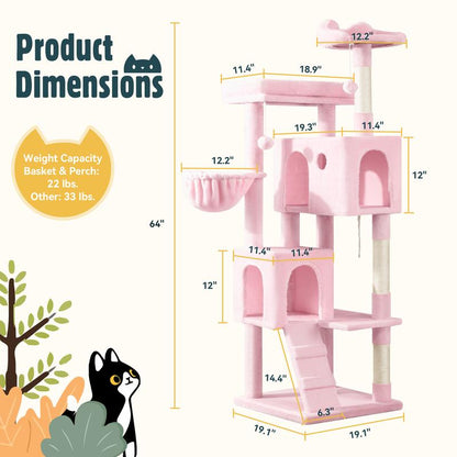 HOOMIC 64-Inch Large Cat Tree – Multi-Level Cat Tower with Durable Activity Center for Indoor Cats,Beige/Dark Grey/Grey/Pink/Leopard Print & Spot Patterns
