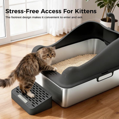 Gtplayer Stainless Steel Cat Litter Box with Lid, XL Extra Large Litter Box for Big Cats, High Sided Kitty Metal Pan with Pedal Filter and Scoop, Non-Sticky&Anti-Leakage Easy Cleaning