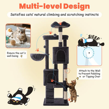 HOOMIC 64-Inch Large Cat Tree – Multi-Level Cat Tower with Durable Activity Center for Indoor Cats,Beige/Dark Grey/Grey/Pink/Leopard Print & Spot Patterns