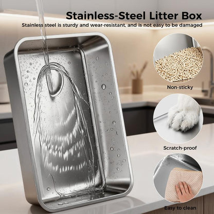 Gtplayer Stainless Steel Cat Litter Box with Lid, XL Extra Large Litter Box for Big Cats, High Sided Kitty Metal Pan with Pedal Filter and Scoop, Non-Sticky&Anti-Leakage Easy Cleaning